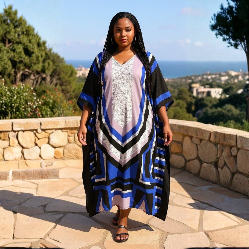 Geometric Printed Blue Polyester Plus Size Kaftan Dress for Women by Gypsie Blu